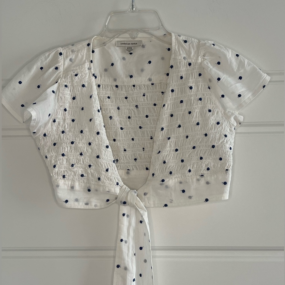 American Eagle Cropped Short Sleeve Front Tie Shirt Polkadot Size Small